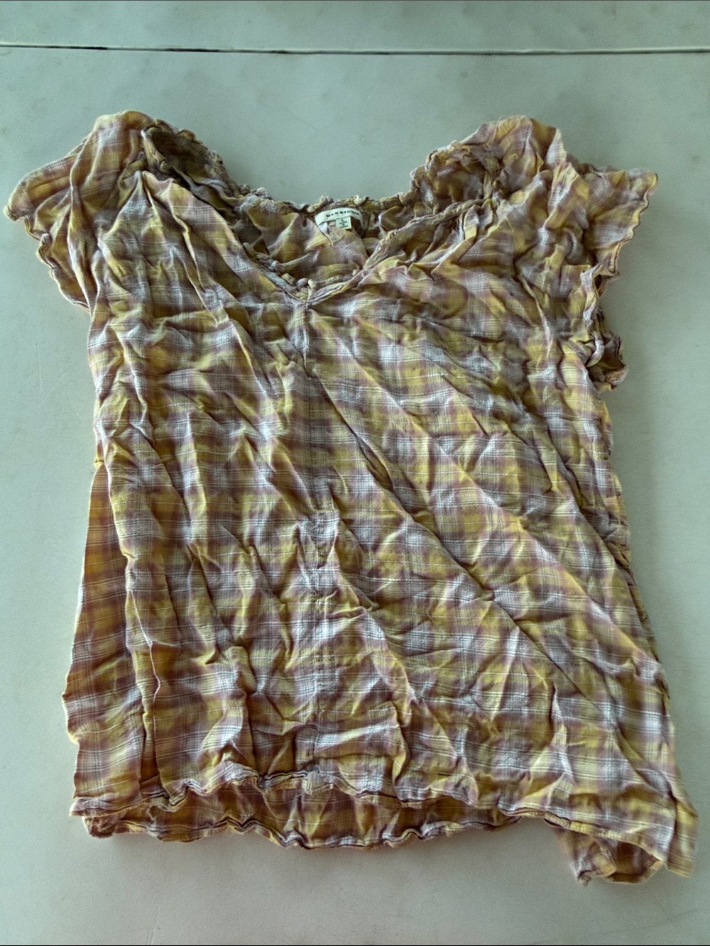 Max Studio Yellow Plaid Short-Sleeve Ruffle Neck Top